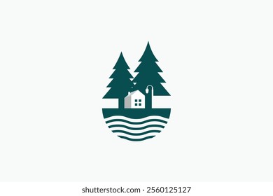 River house logo with a combination of a house, pines, and river or lake waters.