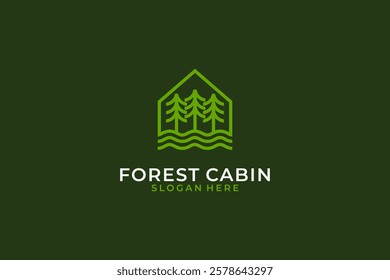 River house logo with a combination of a house, pines, and river or lake waters for any business

