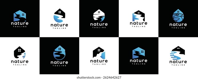 River house logo design collection. Nature house logo template. House logo symbol icon with river