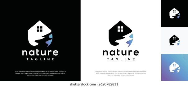 Logo-Design des Flusshauses Vorlage für das Logo des Naturhauses. Haus-Logo-Symbol mit Fluss