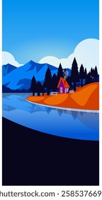 river house and mountain cartoon phone wallpaper