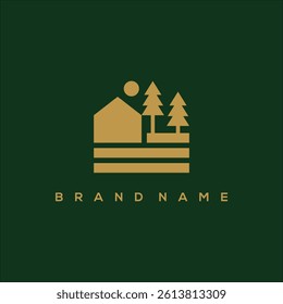 River house with pine and sun vector logo