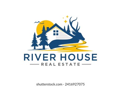 River house ranch sunset, property business logo with silhouette elements of antlered deer, pine trees and river or lake water. 