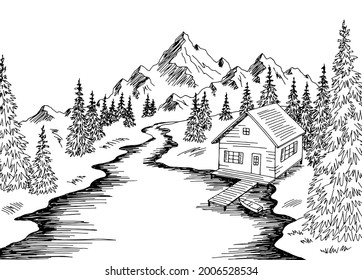River house road graphic black white landscape sketch illustration vector