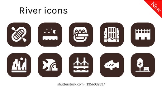 river icon set. 10 filled river icons.  Collection Of - Rafting, Sea, Fish, Waterfall, Bridge, Canyon, Park