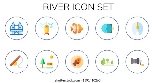 river icon set. 10 flat river icons.  Collection Of - london bridge, fishing rod, fishing, park, fish, salmon, fishing reel