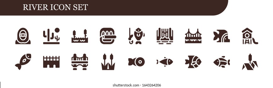 river icon set. 18 filled river icons. Included Desert, Lake, Fish, Fishing, Waterfall, Bridge, Park, Reed, Bulrush icons