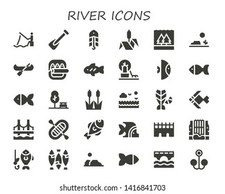 river icon set. 30 filled river icons.  Collection Of - Fishing, Rowing, Bait, Bulrush, Flood, Desert, Canoe, Fish, Landscape, Park, Reed, Sea, Bridge, Rafting, Waterfall