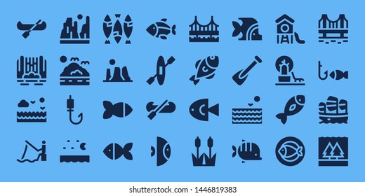 river icon set. 32 filled river icons. on blue background style Simple modern icons about  - Canoe, Waterfall, Sea, Fishing, Canyon, Fishing rod, Fish, Kayak, Bridge, Reed, Rowing