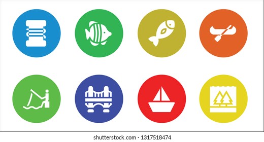 river icon set. 8 filled river icons.  Collection Of - Fishing line, Fishing, Fish, Bridge, Sailboat, Canoe, Flood