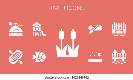 river icon set. 9 filled river icons.  Simple modern icons such as: Reed, Fish, Park, Rafting, Sea, Bridge, Waterfall, Kayak
