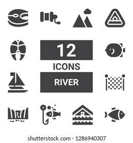 river icon set. Collection of 12 filled river icons included Fish, Flood, Fishing, Waterfall, Fishing net, Sailboat, Fishing reel, Salmon, Landscape