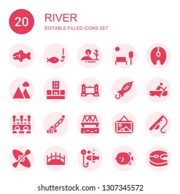 river icon set. Collection of 20 filled river icons included Fish, Fishing, Hill, Park, Salmon, Landscape, Flood, Tower bridge, Rowing, Bridge, Fishing rod, Kayak
