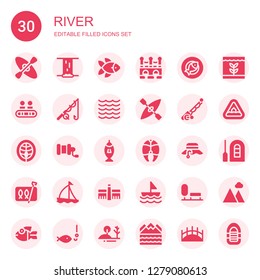 river icon set. Collection of 30 filled river icons included Kayak, Waterfall, Fish, Bridge, Walkway, Fishing, Sea, Fishing rod, Salmon, Fishing reel, Fisherman, Sardines, Sailboat
