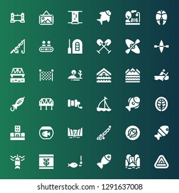 river icon set. Collection of 36 filled river icons included Flood, Waterfall, Fish, Fishing, Fishing rod, Salmon, Sailboat, Fishing reel, Bridge, Rowing, Hill, net, Kayak