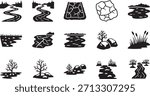 River icon set. Stream landscape with rocks swamps forest vector design.
