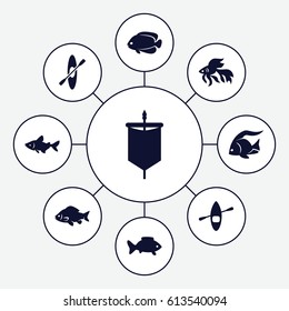 River icons set. set of 9 river filled icons such as fish, rowing, rowing boat