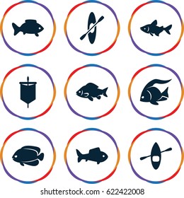 River icons set. set of 9 river filled icons such as fish, rowing, rowing boat