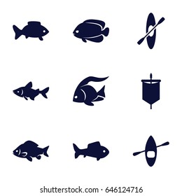 River icons set. set of 9 river filled icons such as fish, rowing, rowing boat