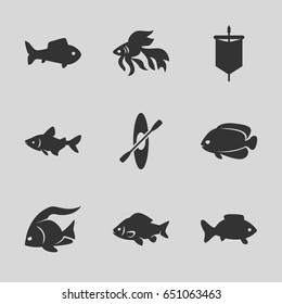 River icons set. set of 9 river filled icons such as fish, rowing
