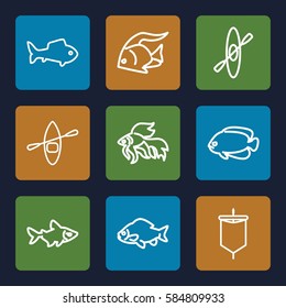 river icons set. Set of 9 river outline icons such as fish, rowing boat, sail