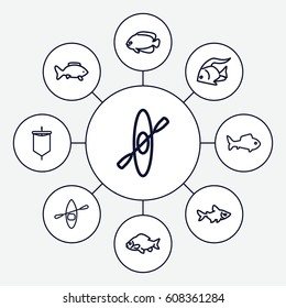 River icons set. set of 9 river outline icons such as fish, rowing boat, sail