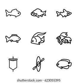 River icons set. set of 9 river outline icons such as fish, sail