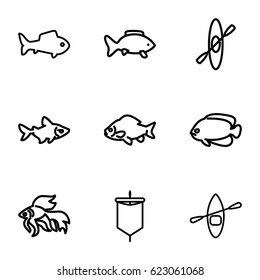River icons set. set of 9 river outline icons such as fish, rowing boat, sail