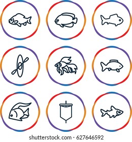 River icons set. set of 9 river outline icons such as fish, sail