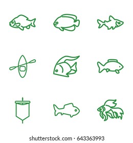 River icons set. set of 9 river outline icons such as fish, rowing boat