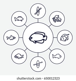 River icons set. set of 9 river outline icons such as fish, rowing boat