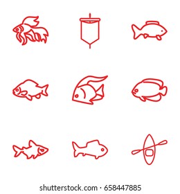 River icons set. set of 9 river outline icons such as fish, rowing boat