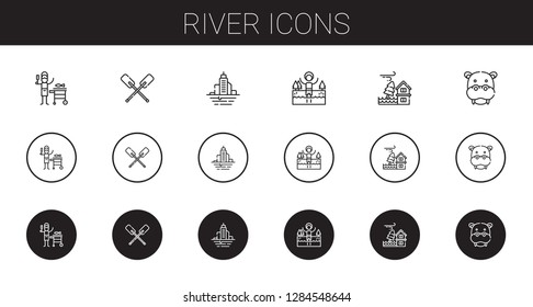 river icons set. Collection of river with fish, paddles, flood, lake, hippopotamus. Editable and scalable river icons.