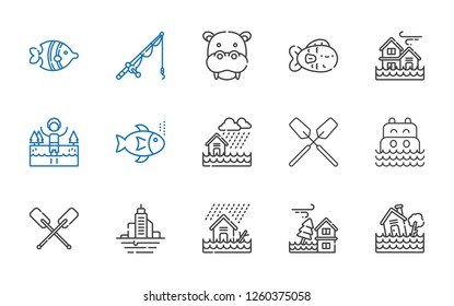 River Icons Set. Collection Of River With Flood, Paddles, Sea, Oar, Fishes, Lake, Fish, Hippopotamus, Fishing Rod. Editable And Scalable River Icons.