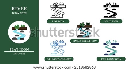 River icons sets. Nature environment concept. Various style icons on isolated background for web design, symbol, sign, presentation, and infographics. EPS 10. 