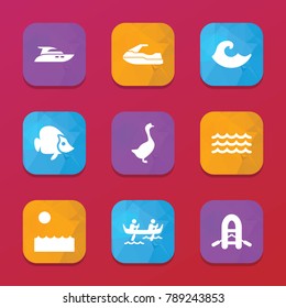 River icons. vector collection filled river icons set.. includes symbols such as goose, water bike, sea, wave, boat, kayak, yacht. use for web, mobile and ui design.