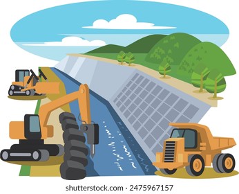 River improvement work - Illustration of embankment reinforcement for flood prevention.