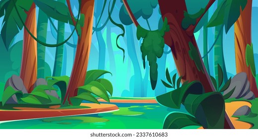 River in jungle forest vector background scene. Tropical cartoon water fantasy game landscape. Green woods near bush, pond and amazon plant. Beautiful summer outdoor park with palm on riverside.