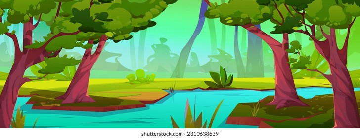 River in jungle forest vector tropical landscape background. Flowing stream water water cartoon nature illustration with green grass and wild amazon scenery. Rainforest game scene design in valley