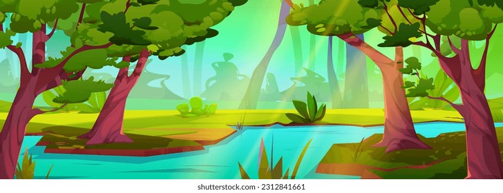 River in jungle forest vector tropical landscape background. Flowing stream water cartoon nature illustration with green grass and wild amazon scenery. Rainforest game scene design with sun beam