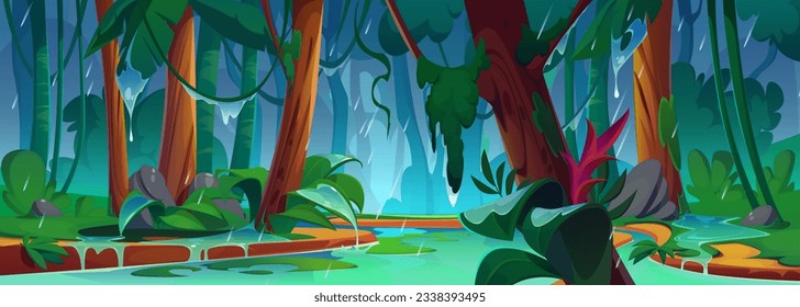 River in jungle rain forest vector background scene. Wet tropical nature scenery wallpaper with nobody. Amazon stream riverside park with plant, vine and shrubs backdrop. Rainy danger season outside