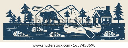 
 River or lake, fish, canoe, bear, forest, mountains and  lodge on the shore. Vector vintage illustration. 