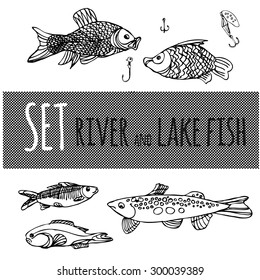 River and lake fish. Sketch Carp, big head, tench, Rudd, trout. The fishes ink and pen. Illustration stock vector. A monochrome image. Lines freehand. 
 