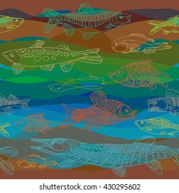 River and lake fish. Sketch Carp, big head, tench, Rudd, trout. Seamless pattern. The template for fabric and packaging.