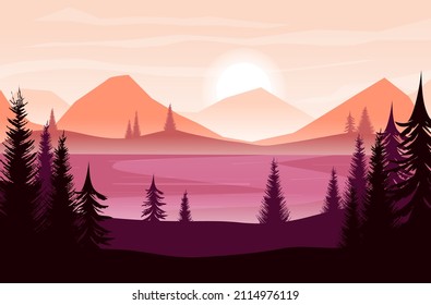 River, lake landscape. River valley, view on hills. Sunrise, sunset, dawn, pink fog pine forest. Beautiful natural wildlife, mountain scenery. Morning, evening wood. Sun, horizon. Vector illustration