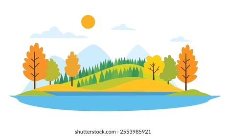 River Lake Nature Landscape with Hill Mountain and Sun in Bright Sky in Autumn Fall Season