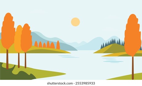 River Lake Nature Landscape with Hill Mountain and Sun in Bright Sky in Autumn Fall Season