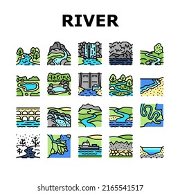 River And Lake Nature Landscape Icons Set Vector. River Mouth And Delta, Sea Shore And Pond In Forest, Aqueduct Construction And Dam. Waterfall And Water Reservoir Color Illustrations svg