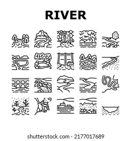 River And Lake Nature Landscape Icons Set Vector. River Mouth And Delta, Sea Shore And Pond In Forest, Aqueduct Construction And Dam. Waterfall And Water Reservoir Black Contour Illustrations svg