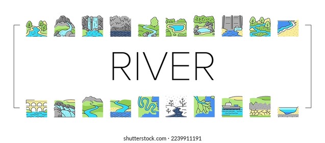 River And Lake Nature Landscape Icons Set Vector. River Mouth And Delta, Sea Shore And Pond In Forest, Aqueduct Construction And Dam. Waterfall And Water Reservoir Color Illustrations